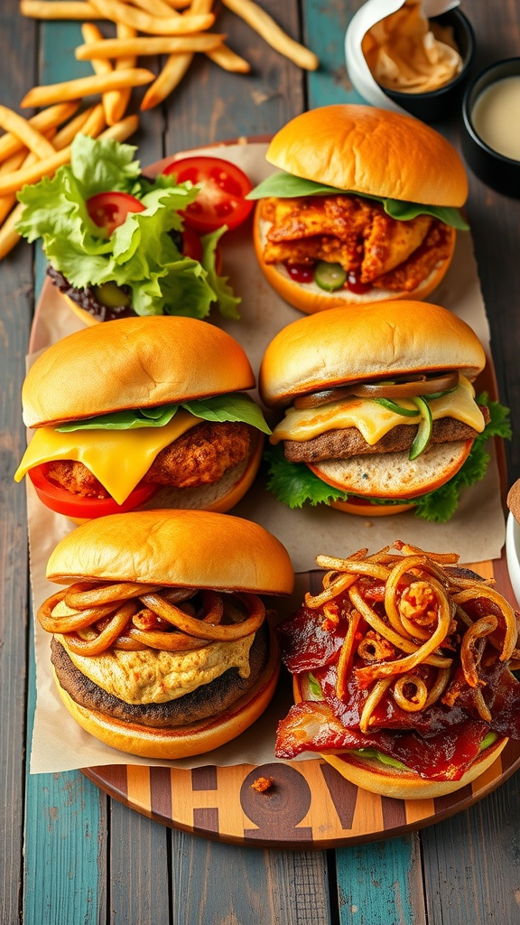 A selection of gourmet burgers served on a wooden table with vibrant toppings and fries.